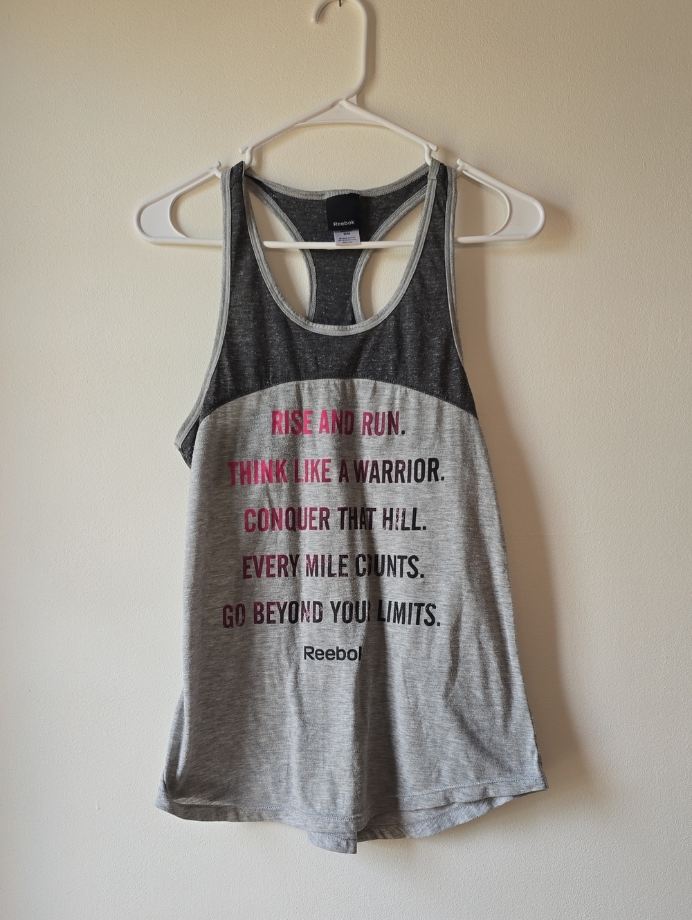 Reebok Women’s Gray and Dark Gray Racerback Tank with Pink Text
